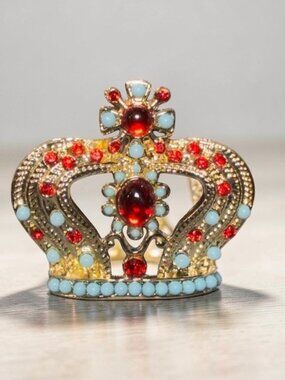 Crown Brooch Rhinestone Cabochon Red Blue Gold Tone Statement Pin 1.75”